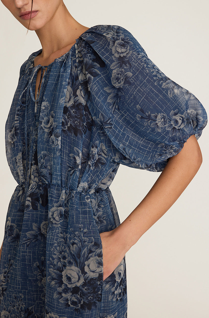 Blue Floral Silk Pencil Midi Dress Emblem Fleur Bubble Pencil Dress in Dusk Combo by Rebecca Taylor