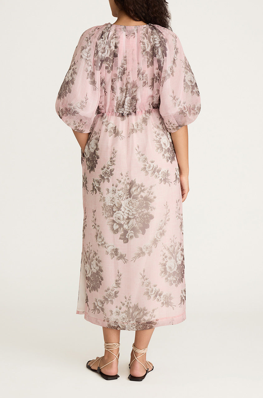 Pink Floral Silk Pencil Midi Dress Emblem Fleur Bubble Pencil Slit Dress in Peony Combo by Rebecca Taylor
