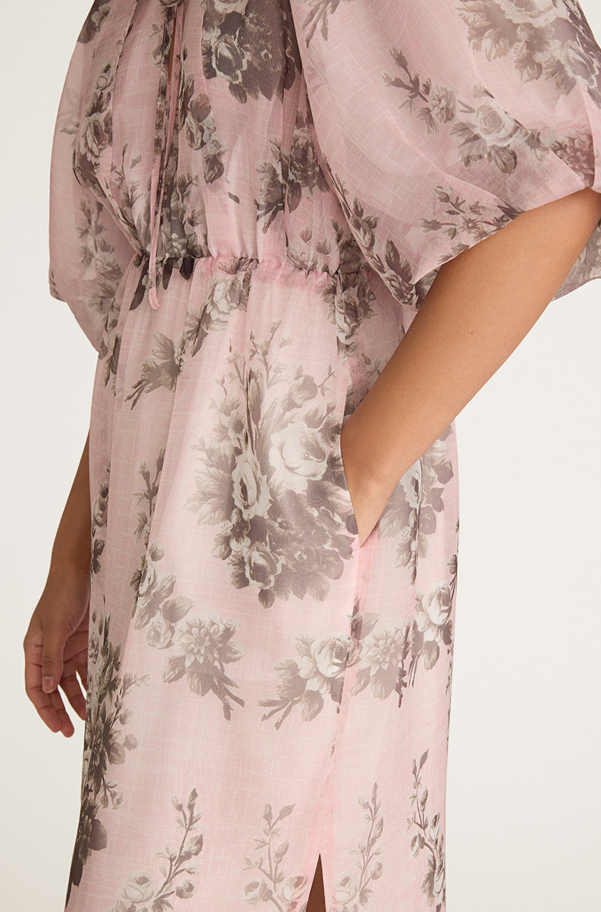 Pink Floral Silk Pencil Midi Dress Emblem Fleur Bubble Pencil Slit Dress in Peony Combo by Rebecca Taylor