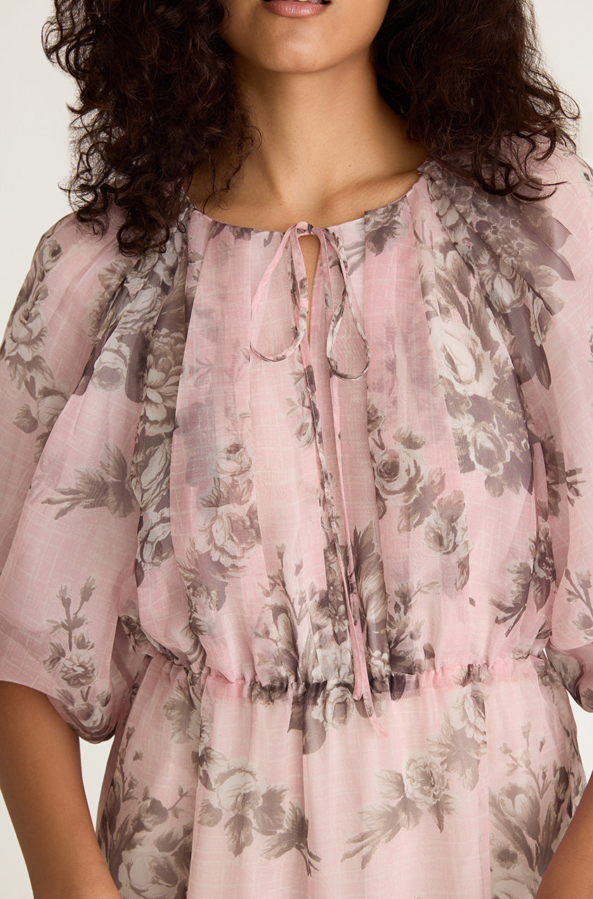 Pink Floral Silk Pencil Midi Dress Emblem Fleur Bubble Pencil Slit Dress in Peony Combo by Rebecca Taylor