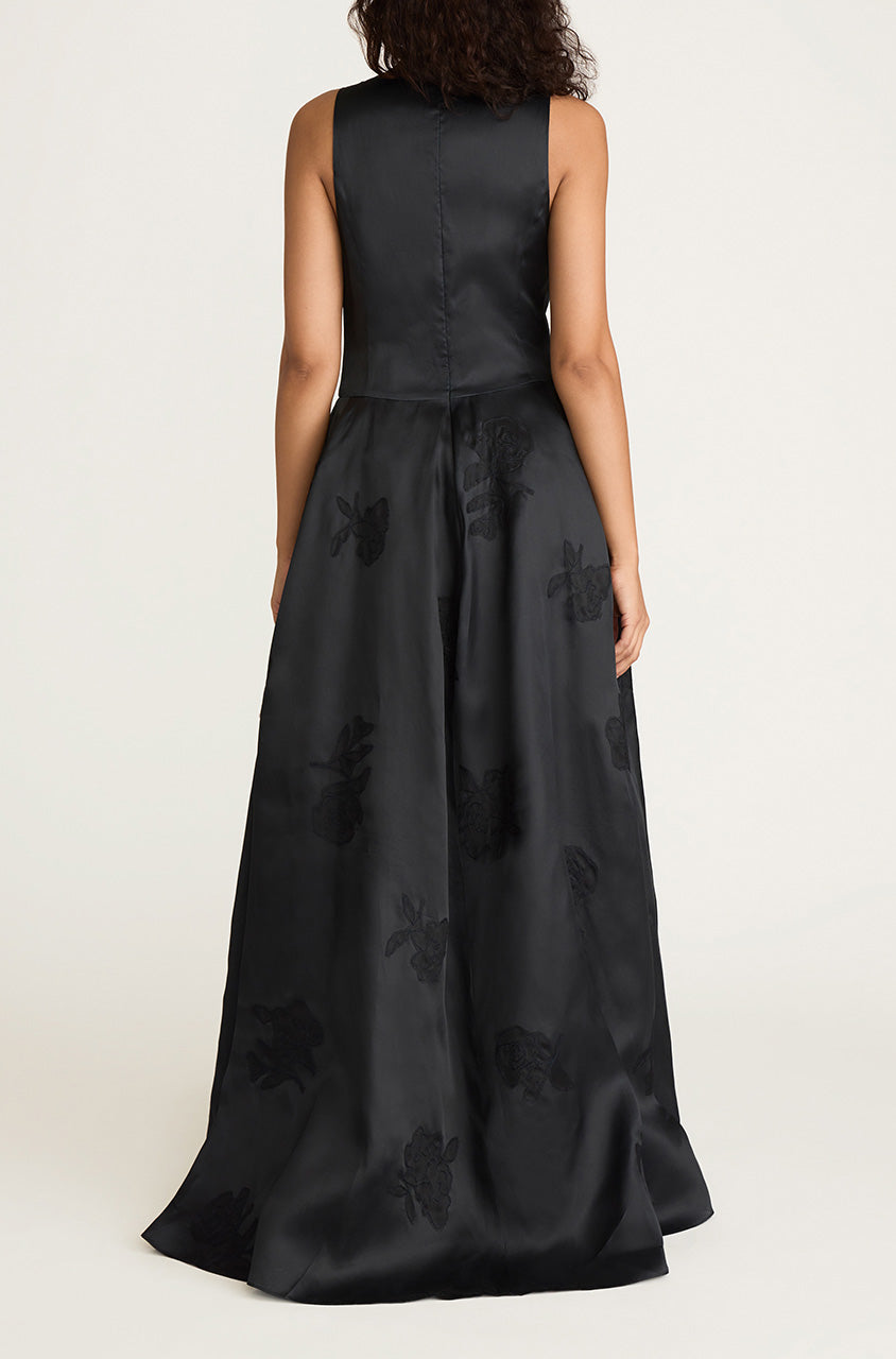 Black Sleeveless Silk Midi Dress Applique Sculptured Midi Dress in Black by Rebecca Taylor