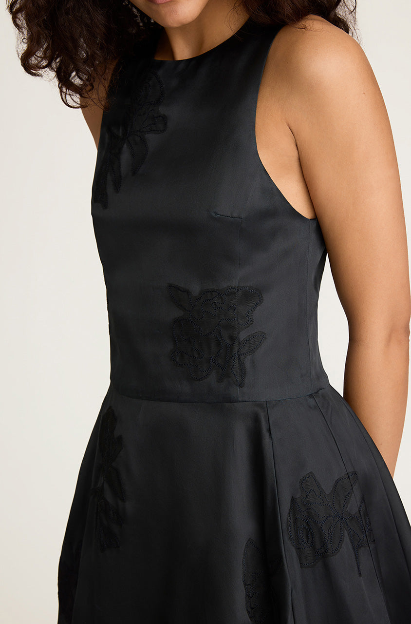 Black Sleeveless Silk Midi Dress Applique Sculptured Midi Dress in Black by Rebecca Taylor