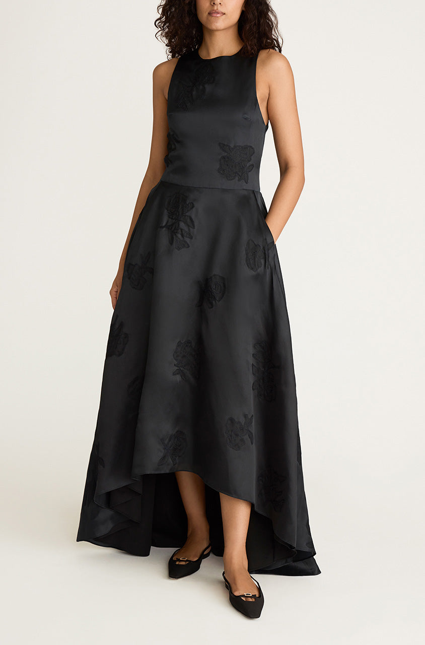 Black Sleeveless Silk Midi Dress Applique Sculptured Midi Dress in Black by Rebecca Taylor