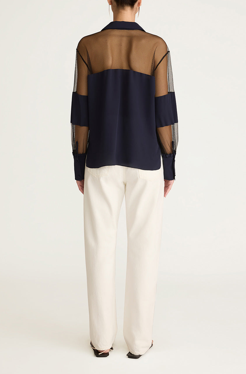Dark Navy Long-Sleeve Popover Blouse Crepe de Chine and Lace Popover Blouse in Midnight Combo by Rebecca Taylor
