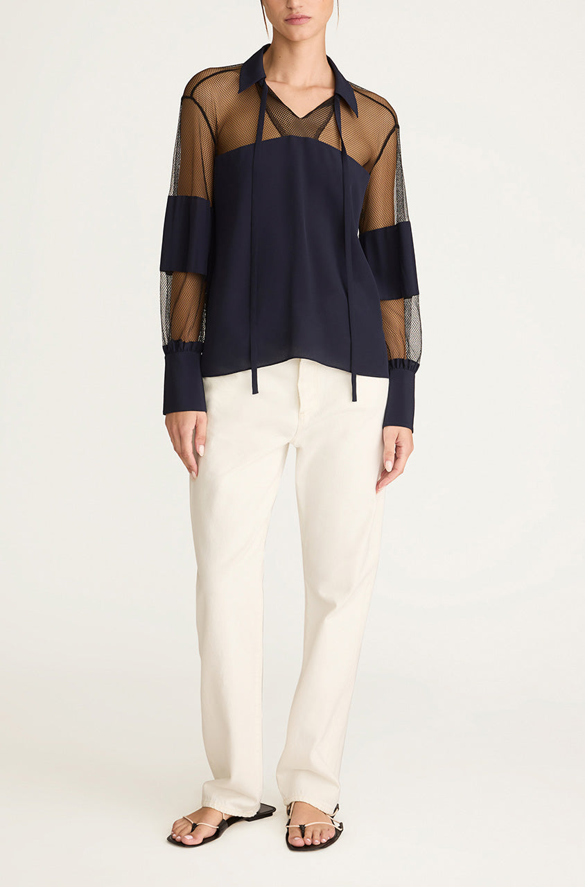 Dark Navy Long-Sleeve Popover Blouse Crepe de Chine and Lace Popover Blouse in Midnight Combo by Rebecca Taylor