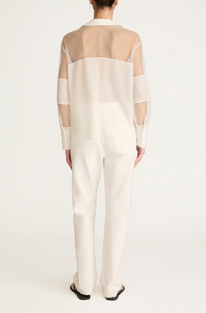 White Long-Sleeve Popover Blouse Crepe de Chine and Lace Popover Blouse in Snow Combo by Rebecca Taylor