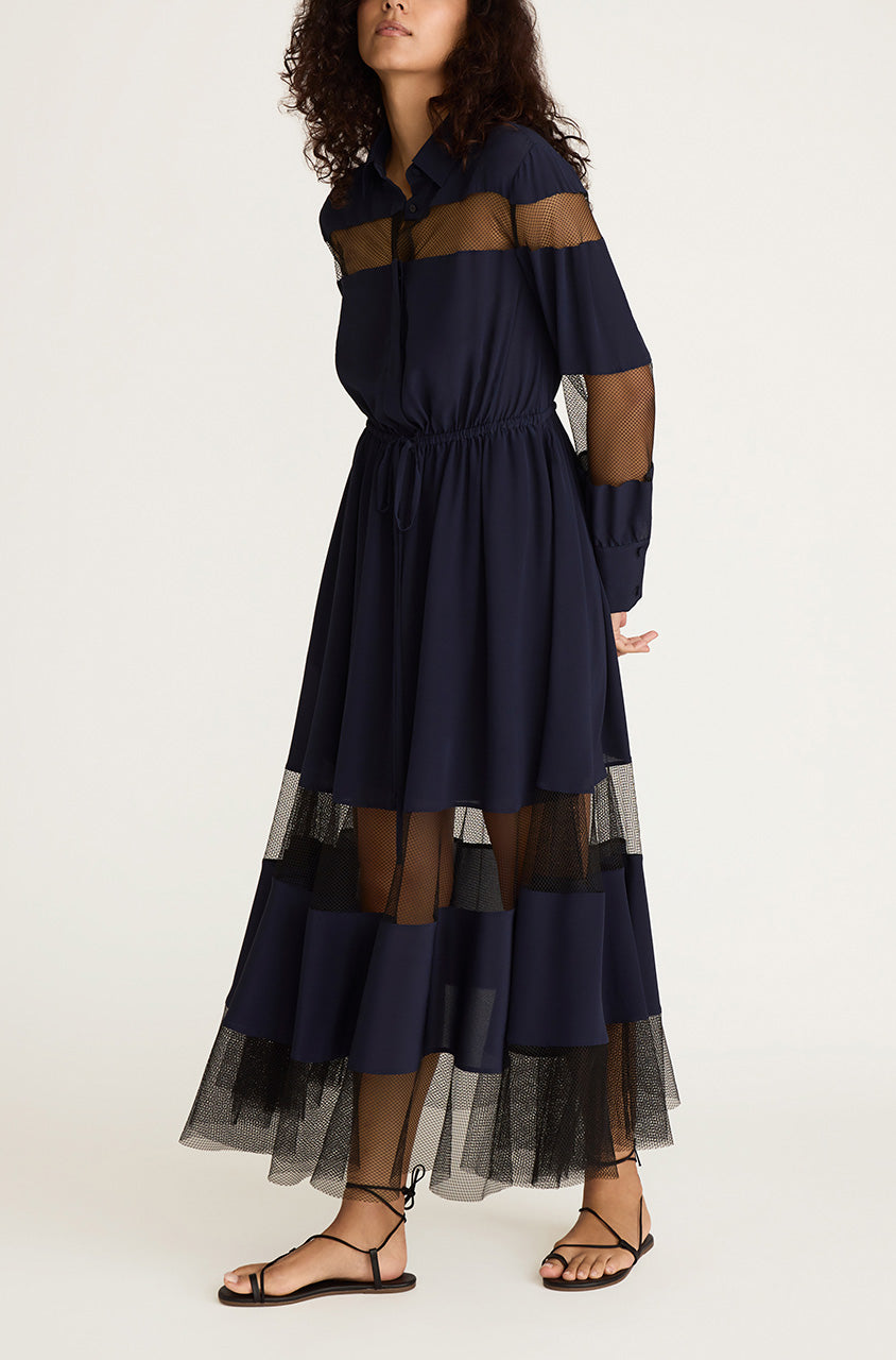 Dark Navy Long-Sleeve Shirt Dress Crepe de Chine and Lace Shirt Dress in Midnight Combo by Rebecca Taylor