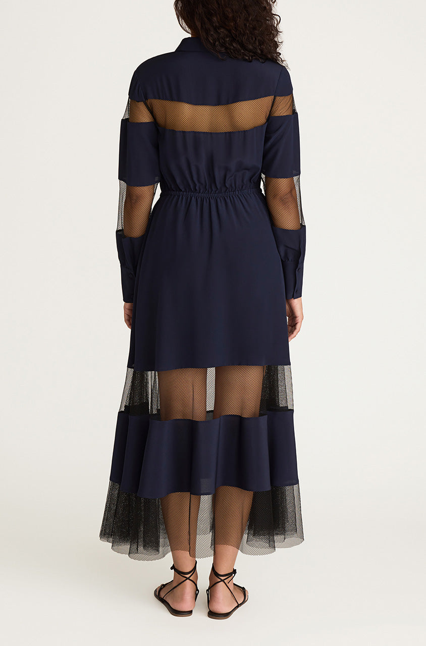 Dark Navy Long-Sleeve Shirt Dress Crepe de Chine and Lace Shirt Dress in Midnight Combo by Rebecca Taylor