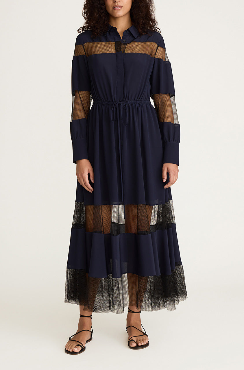 Dark Navy Long-Sleeve Shirt Dress Crepe de Chine and Lace Shirt Dress in Midnight Combo by Rebecca Taylor