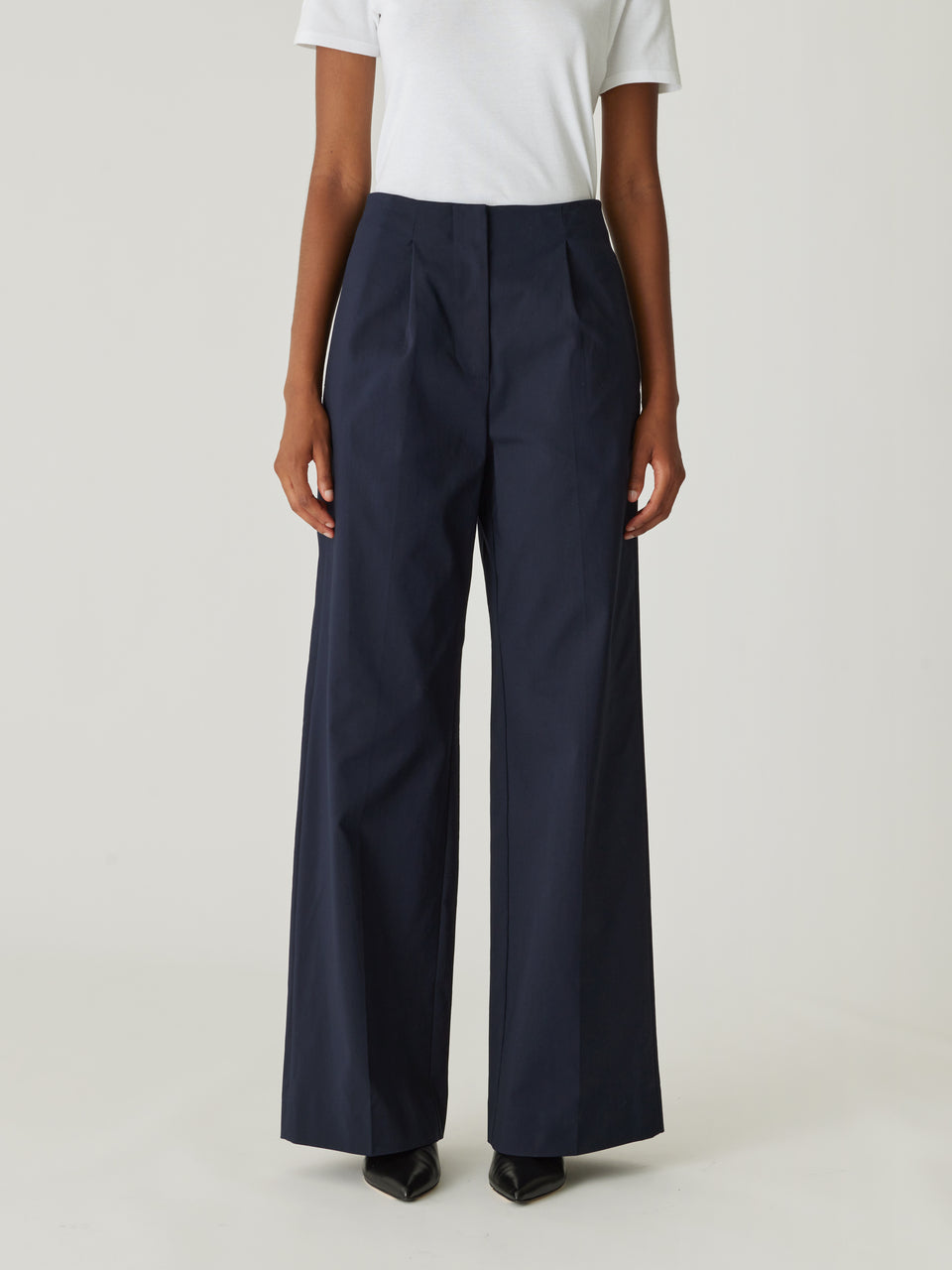 Dark Navy High-Waist Pants Refined Sateen Wide Leg Cotton Trouser in Dark Navy by Rebecca Taylor