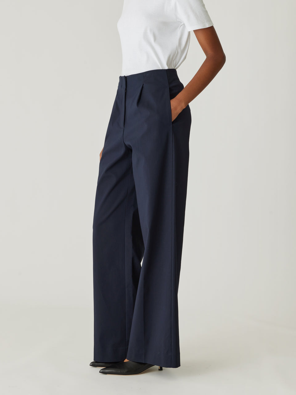 Dark Navy High-Waist Pants Refined Sateen Wide Leg Cotton Trouser in Dark Navy by Rebecca Taylor