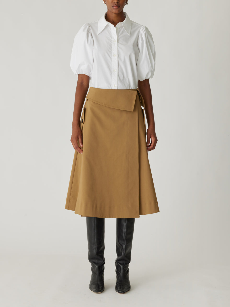 Brown Refined Sateen Midi Skirt Refined Sateen Foldover Wrap Skirt in Date by Rebecca Taylor