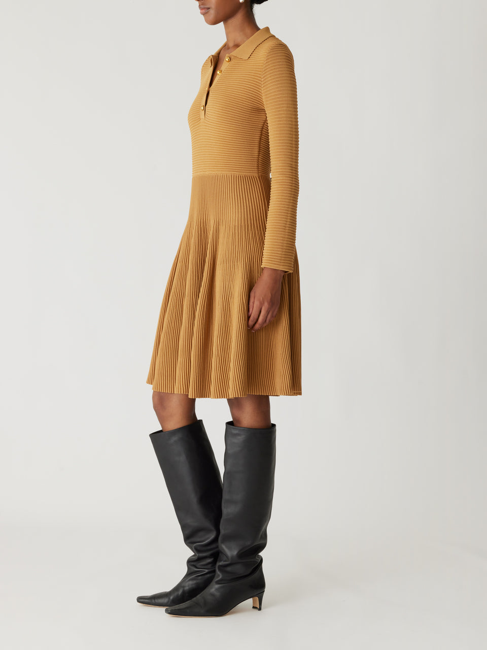 Camel Ribbed Midi Dress Ottoman Knit Ls Dress in Camel by Rebecca Taylor