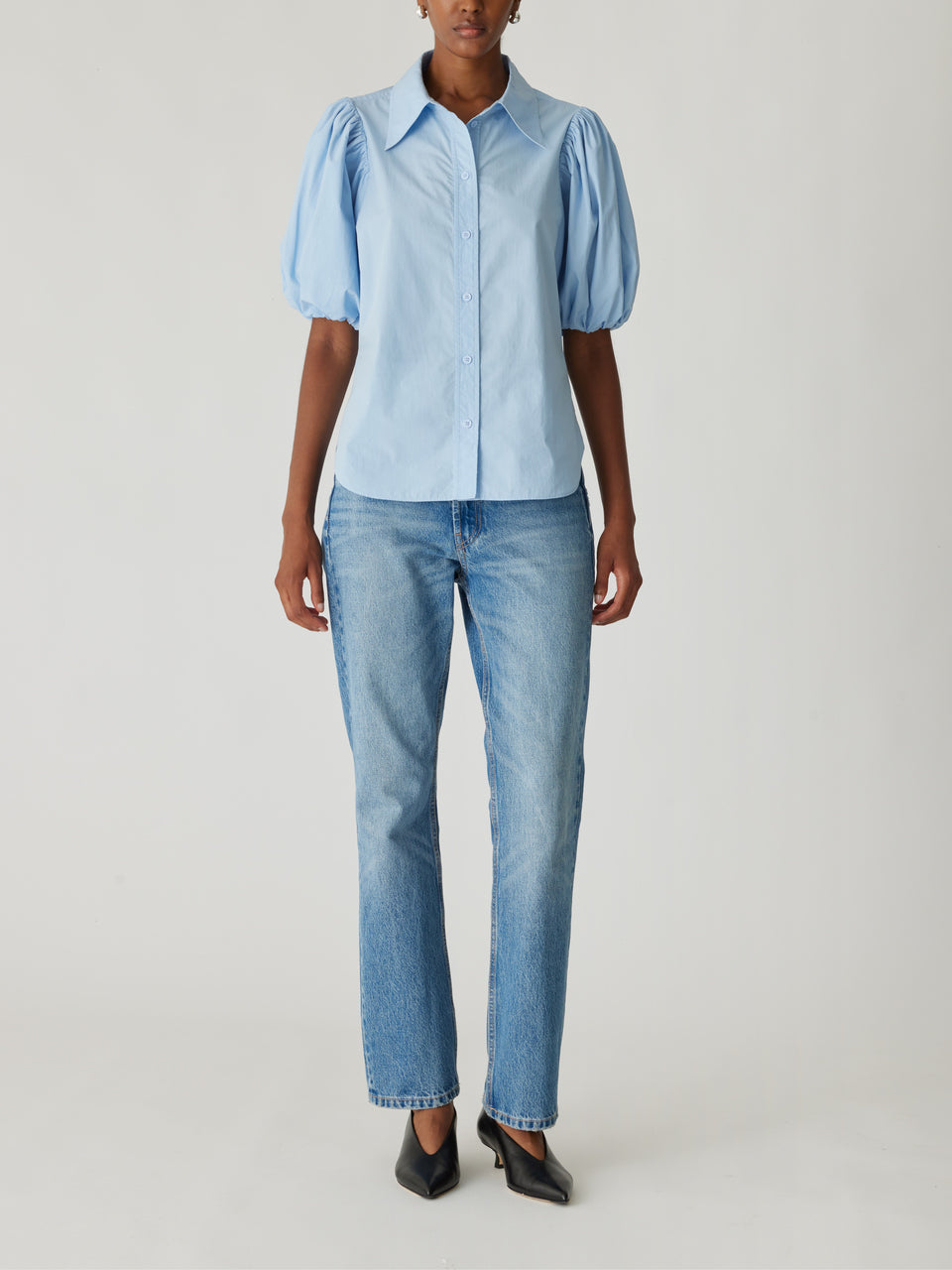 Blue Puff Short-Sleeve Shirt Puff Sleeve Button Down Shirt in French Blue by Rebecca Taylor