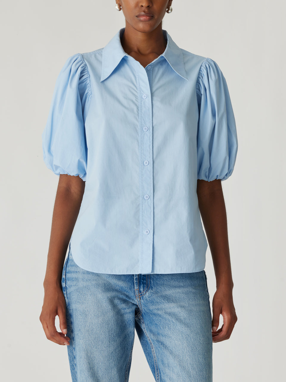 Blue Puff Short-Sleeve Shirt Puff Sleeve Button Down Shirt in French Blue by Rebecca Taylor