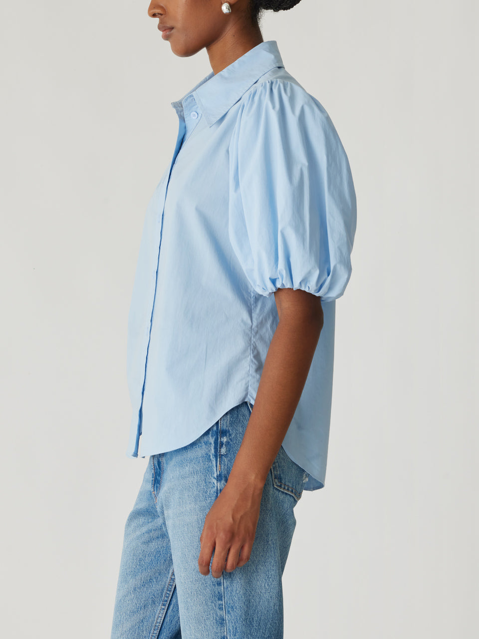 Blue Puff Short-Sleeve Shirt Puff Sleeve Button Down Shirt in French Blue by Rebecca Taylor