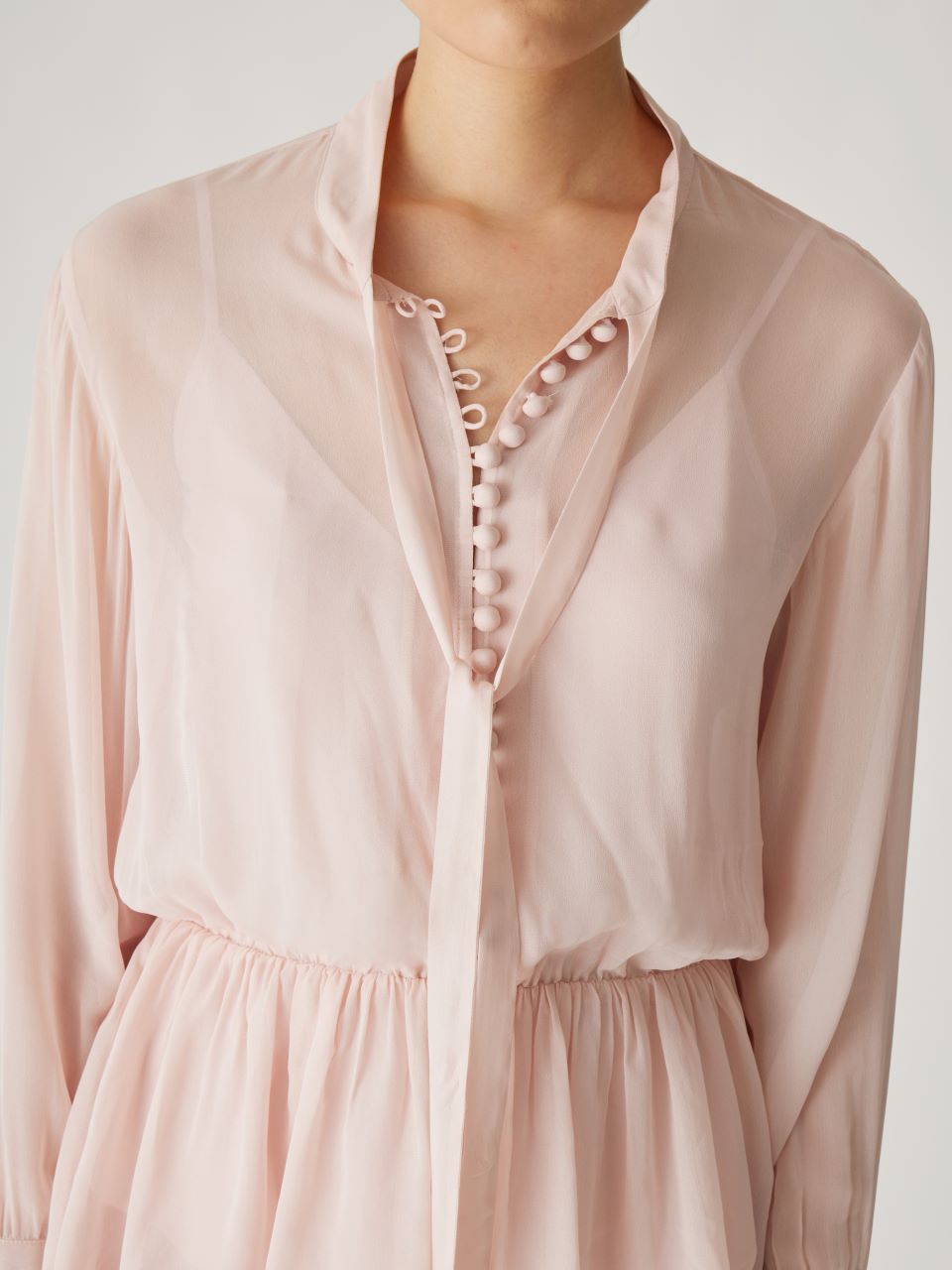 Pink Tie-Neck Peplum Blouse Covered Button Tie Front Blouse in Calamine Pink by Rebecca Taylor