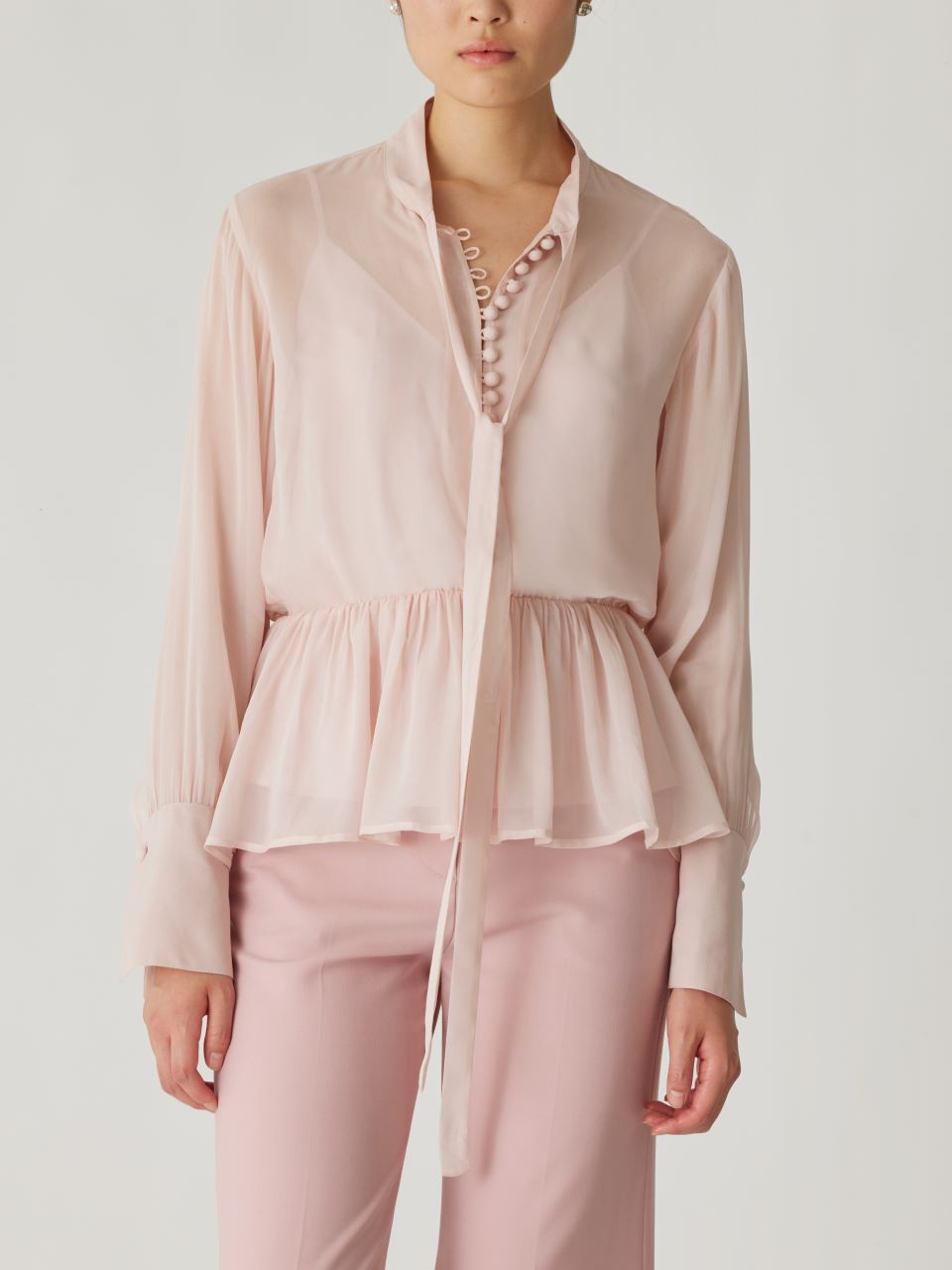Pink Tie-Neck Peplum Blouse Covered Button Tie Front Blouse in Calamine Pink by Rebecca Taylor