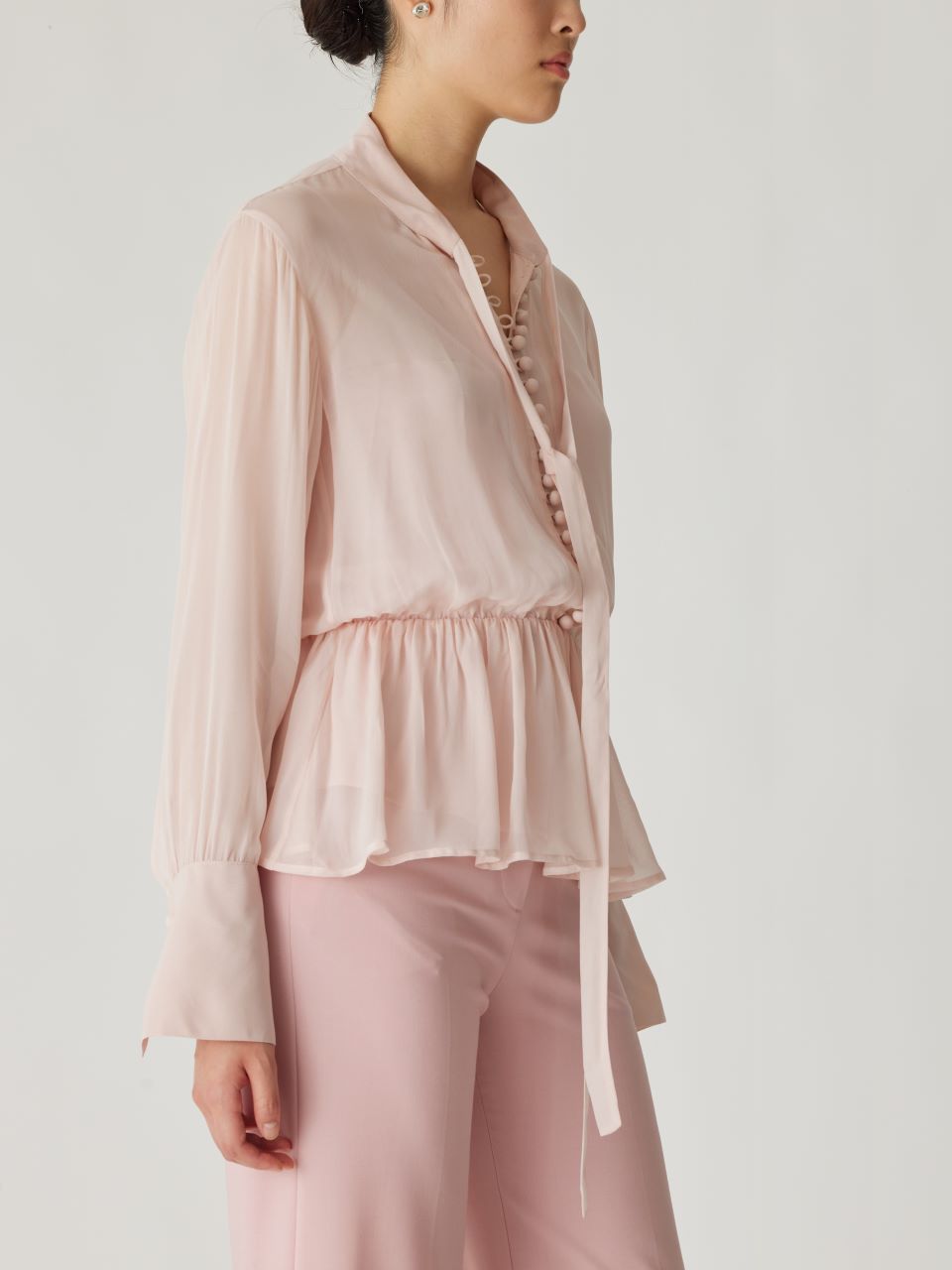 Pink Tie-Neck Peplum Blouse Covered Button Tie Front Blouse in Calamine Pink by Rebecca Taylor
