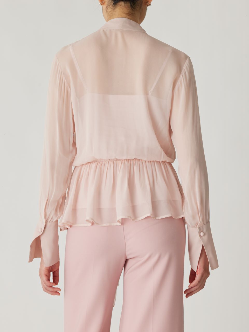 Pink Tie-Neck Peplum Blouse Covered Button Tie Front Blouse in Calamine Pink by Rebecca Taylor