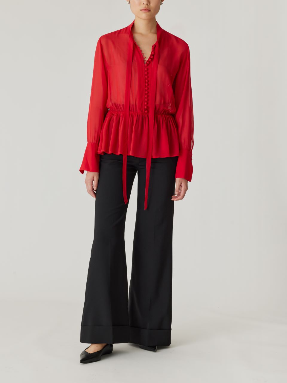 Red Tie-Neck Peplum Blouse Covered Button Tie Front Blouse in Red Lip by Rebecca Taylor