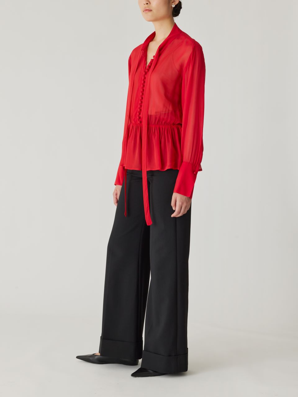 Red Tie-Neck Peplum Blouse Covered Button Tie Front Blouse in Red Lip by Rebecca Taylor