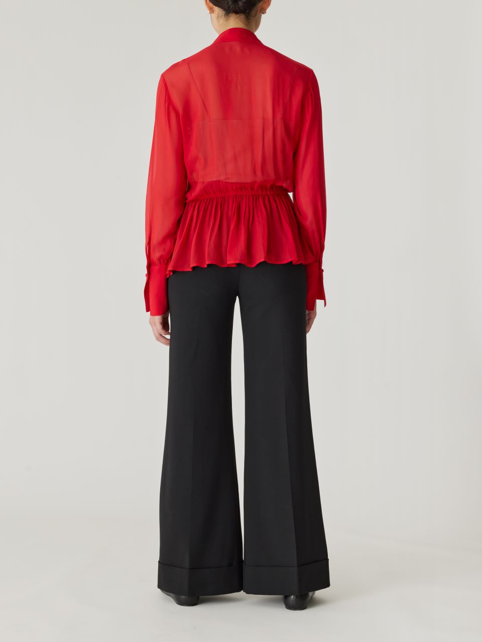 Red Tie-Neck Peplum Blouse Covered Button Tie Front Blouse in Red Lip by Rebecca Taylor