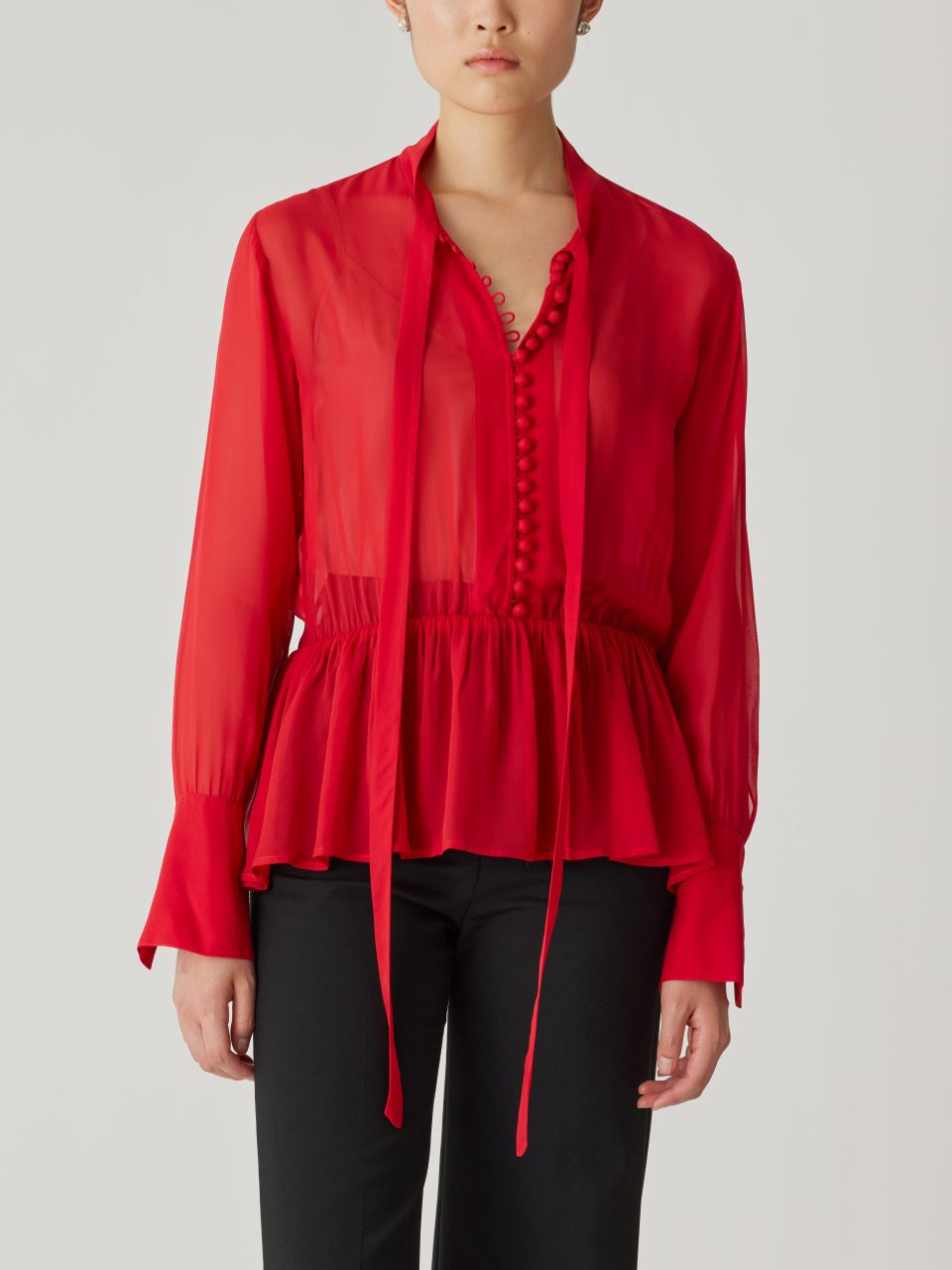Red Tie-Neck Peplum Blouse Covered Button Tie Front Blouse in Red Lip by Rebecca Taylor