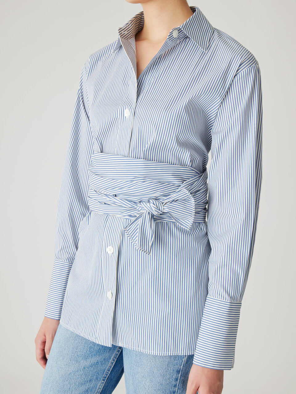 Striped Button-Up Long-Sleeve Blouse Stripe Poplin Wrap Blouse in Blue Stripe by Rebecca Taylor