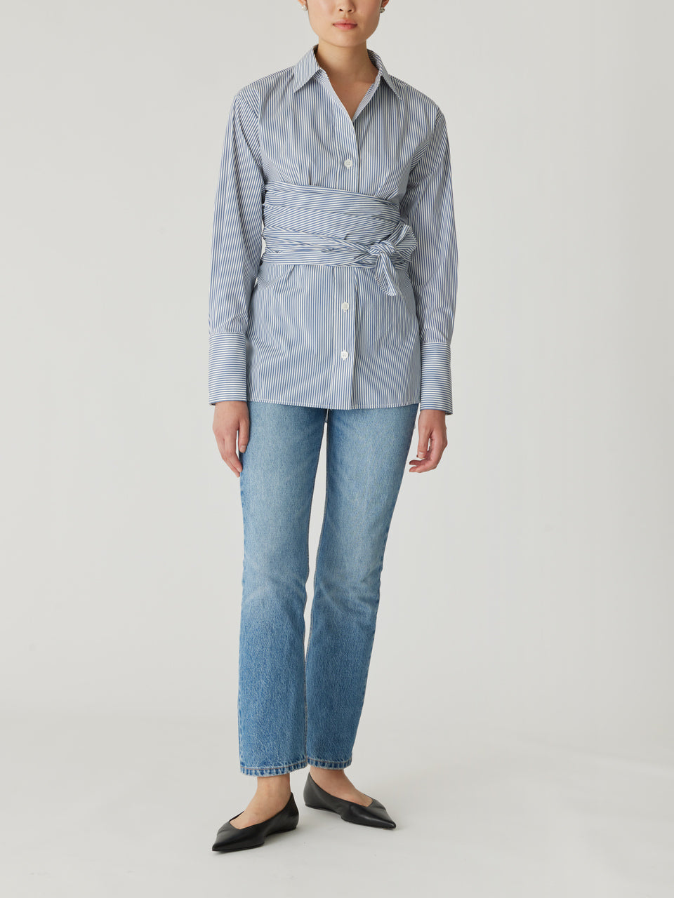Striped Button-Up Long-Sleeve Blouse Stripe Poplin Wrap Blouse in Blue Stripe by Rebecca Taylor
