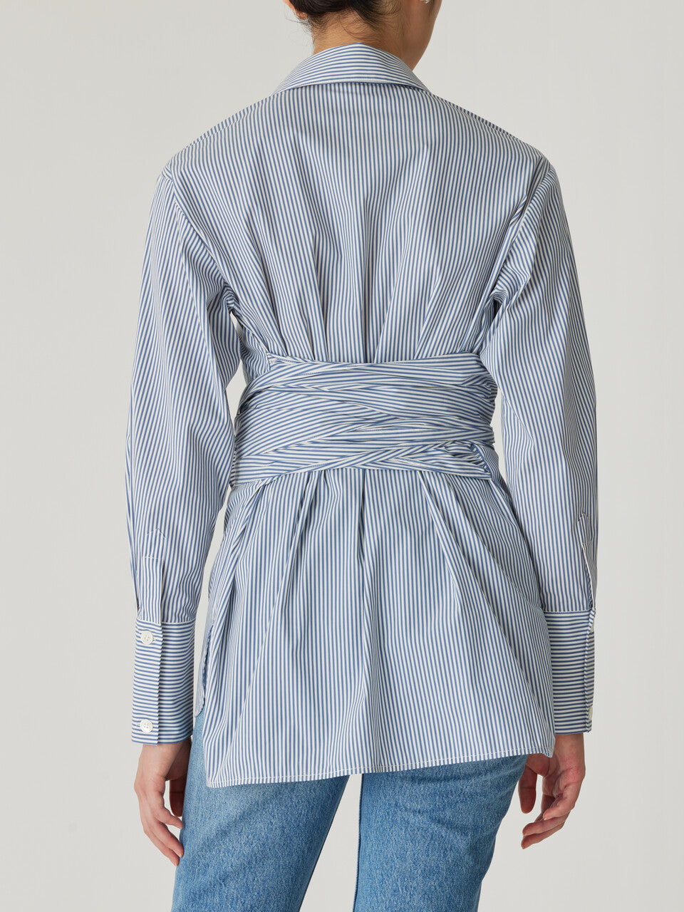 Striped Button-Up Long-Sleeve Blouse Stripe Poplin Wrap Blouse in Blue Stripe by Rebecca Taylor
