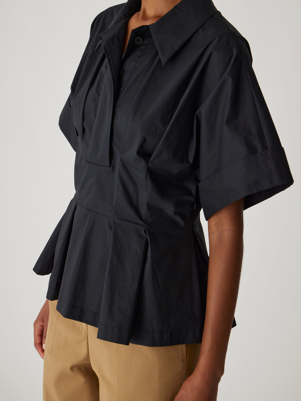 Black Button-Up Short-Sleeve Blouse Poplin Peplum Blouse in Black by Rebecca Taylor