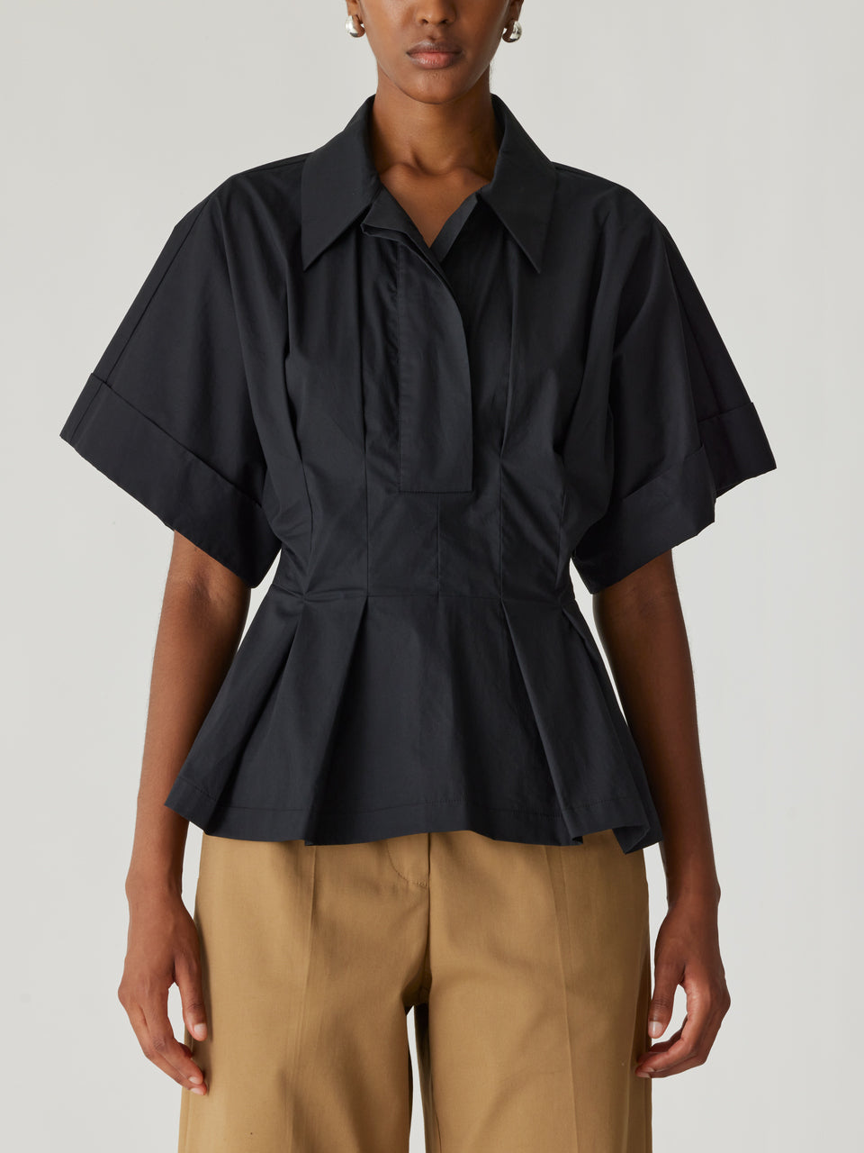 Black Button-Up Short-Sleeve Blouse Poplin Peplum Blouse in Black by Rebecca Taylor