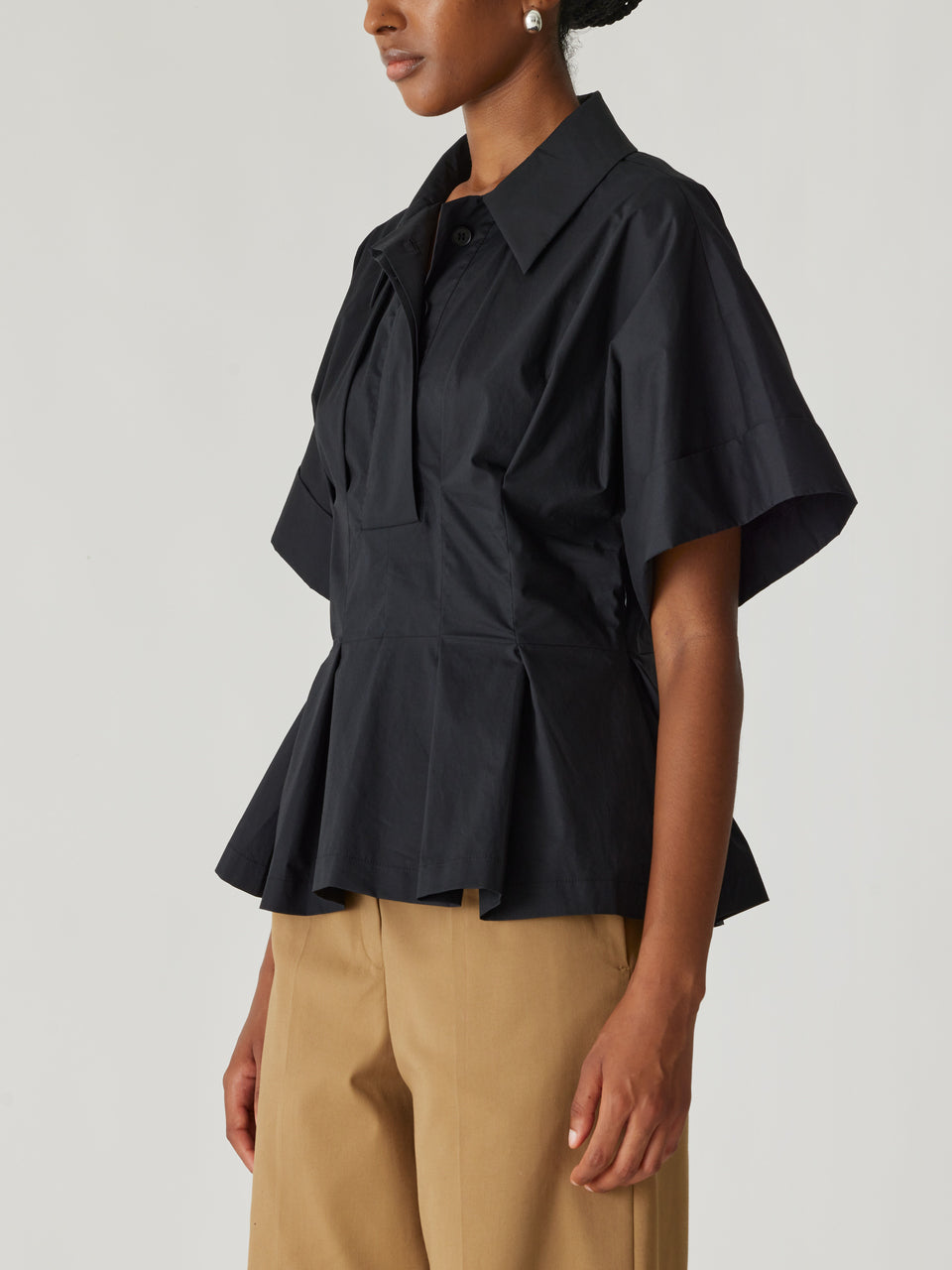 Black Button-Up Short-Sleeve Blouse Poplin Peplum Blouse in Black by Rebecca Taylor