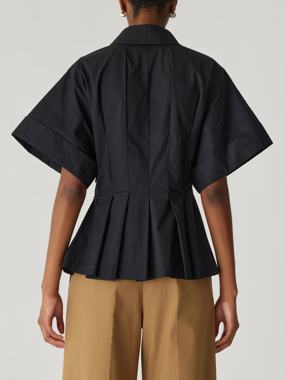 Black Button-Up Short-Sleeve Blouse Poplin Peplum Blouse in Black by Rebecca Taylor