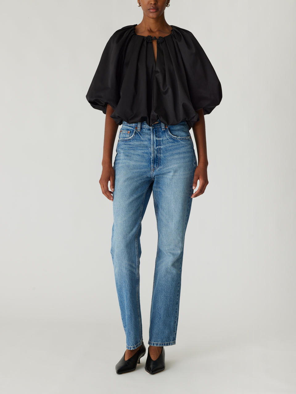 Black Gathered Neckline Sateen Top Techy Sateen Bubble Top in Black by Rebecca Taylor
