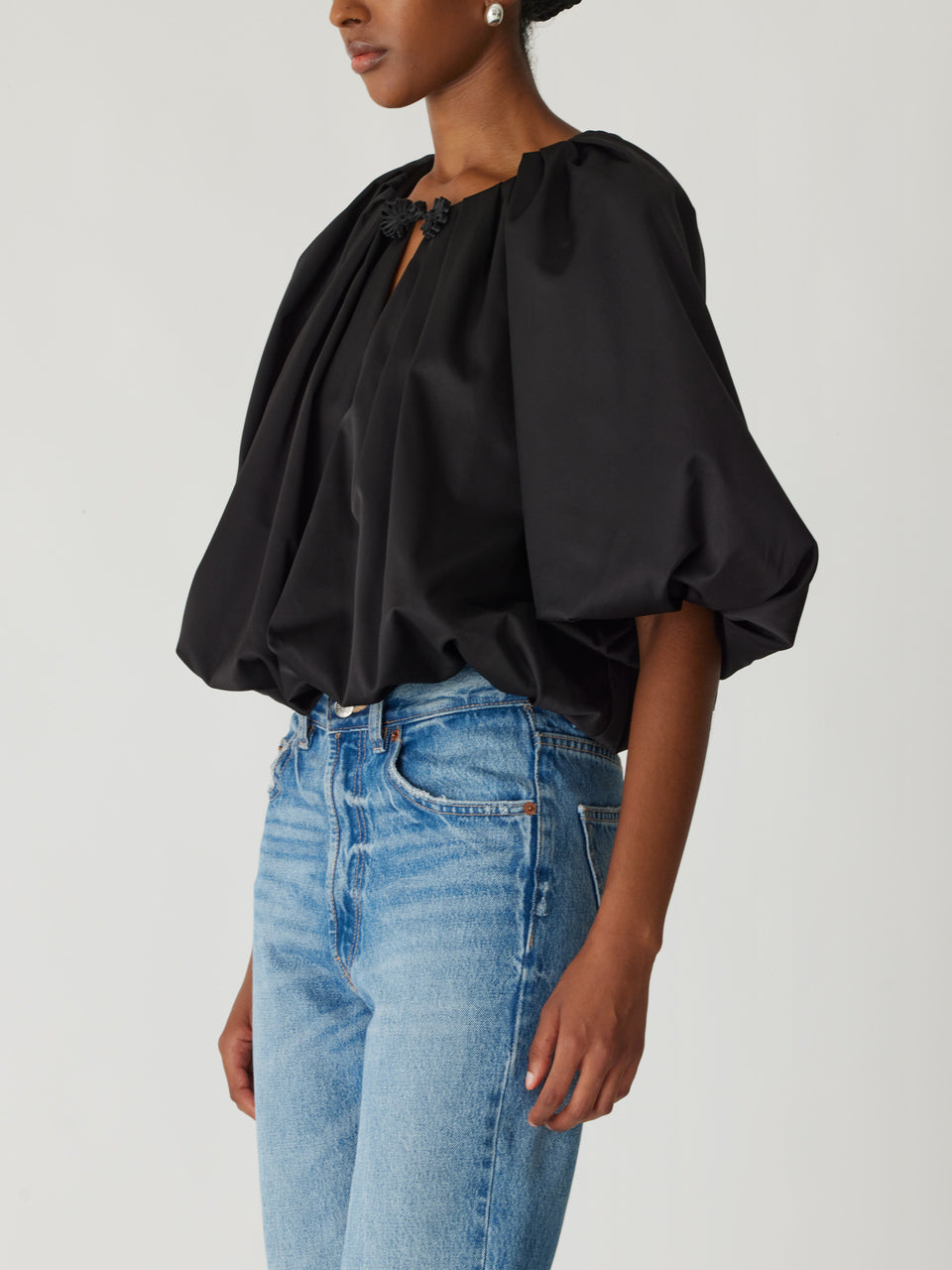Black Gathered Neckline Sateen Top Techy Sateen Bubble Top in Black by Rebecca Taylor