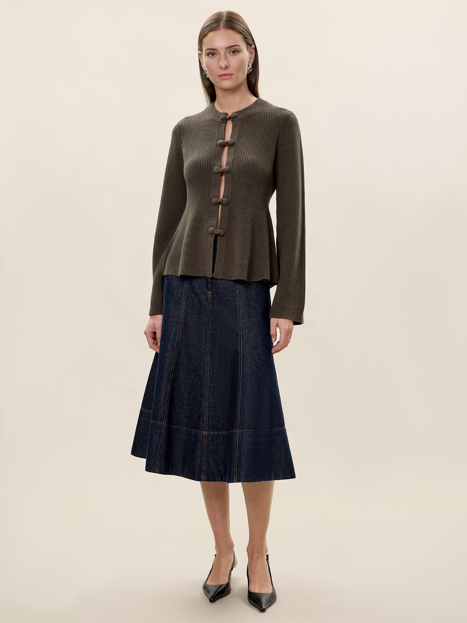 Rhea Knit Peplum Cardi in Marled Olive by Rebecca Taylor