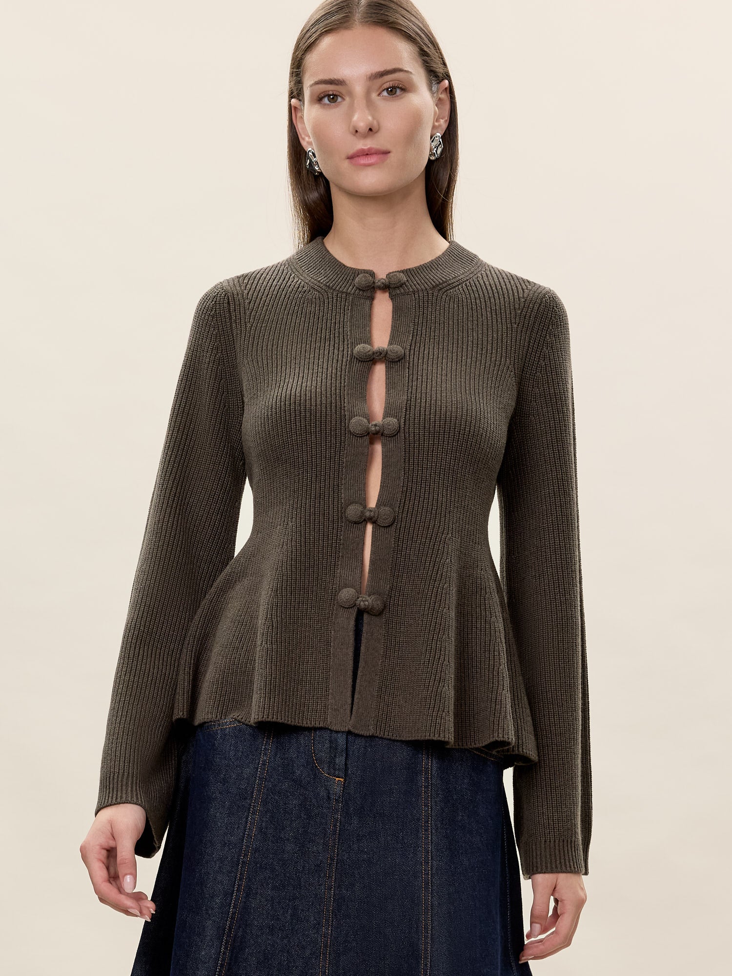 Rhea Knit Peplum Cardi in Marled Olive by Rebecca Taylor
