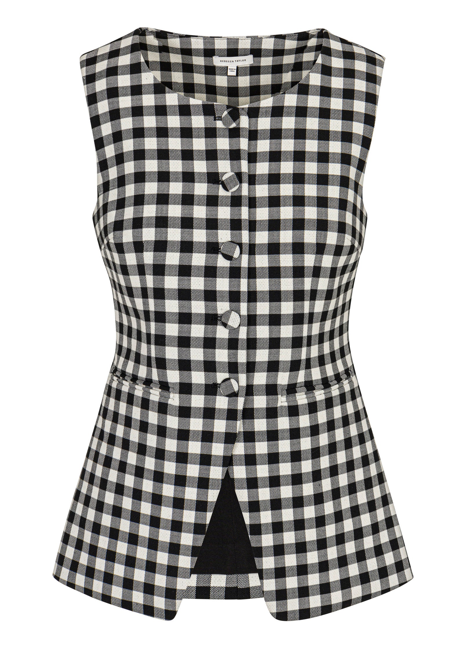Black and White Check Sleeveless Vest Philippa Check Button Front Vest in Black Combo by Rebecca Taylor