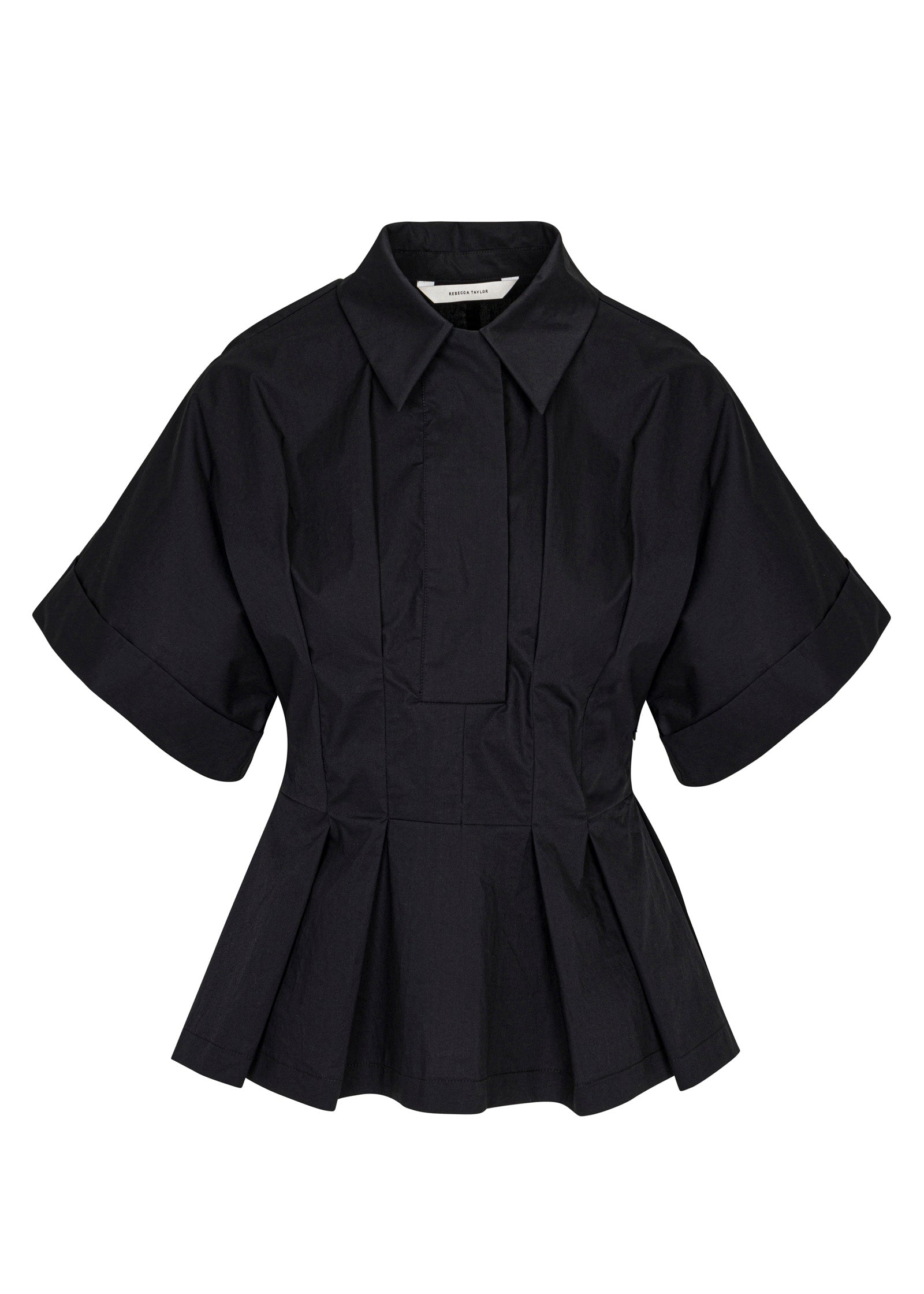 Black Button-Up Short-Sleeve Blouse Poplin Peplum Blouse in Black by Rebecca Taylor