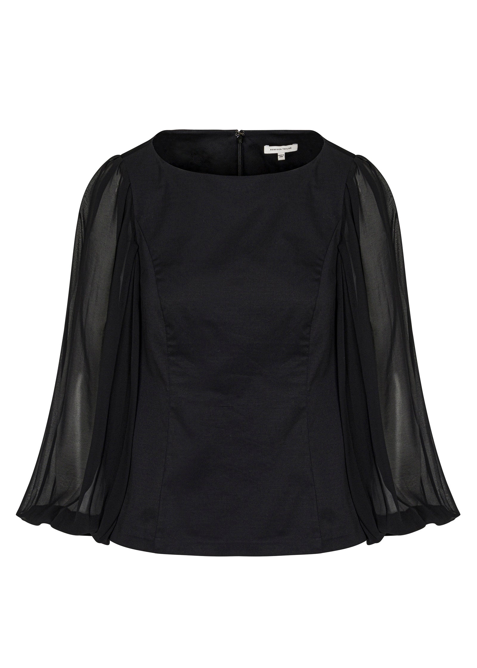 Black Cuff Long-Sleeve Top Heavy Cotton Chintz Boat Neck Top in Black by Rebecca Taylor