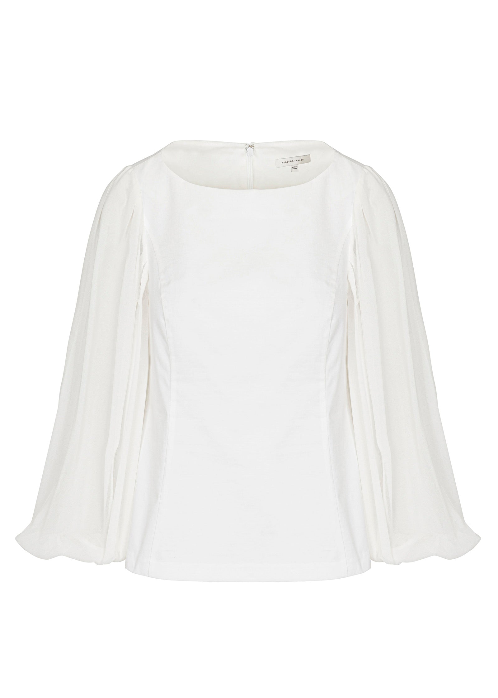 White Cuff Long-Sleeve Top Heavy Cotton Chintz Boat Neck Top in Milk by Rebecca Taylor