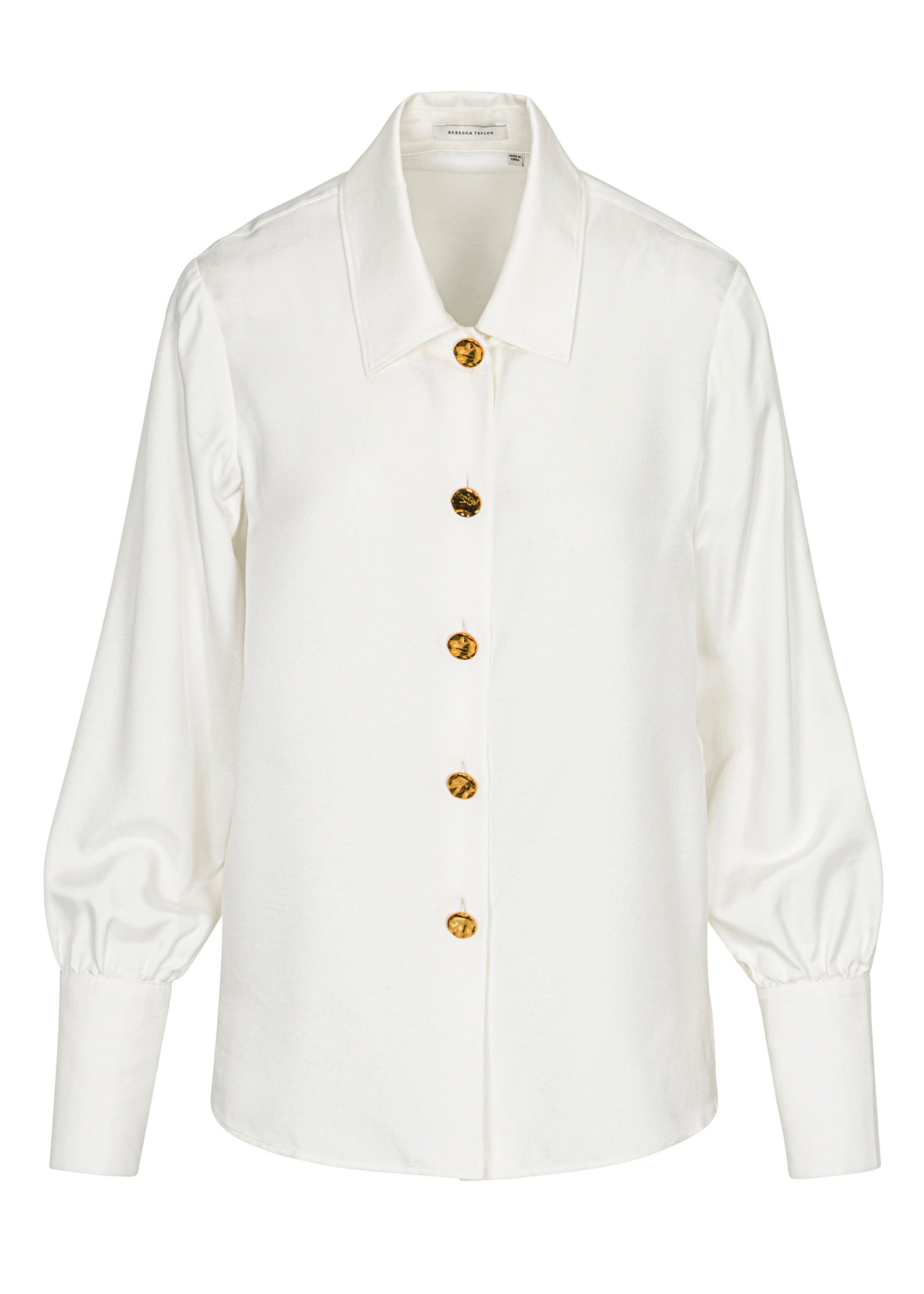 White Hammered Button Shirt Silky Novelty Button Shirt in Milk by Rebecca Taylor