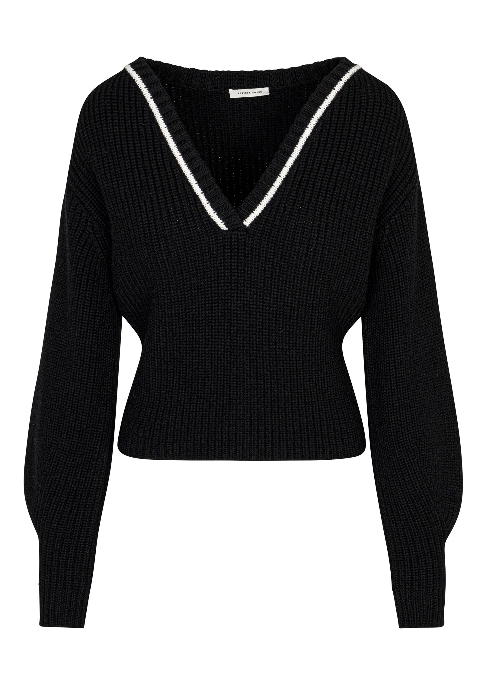 Black Merino Wool Sweater Novelty Wool Victorian Slv V Neck in Black by Rebecca Taylor