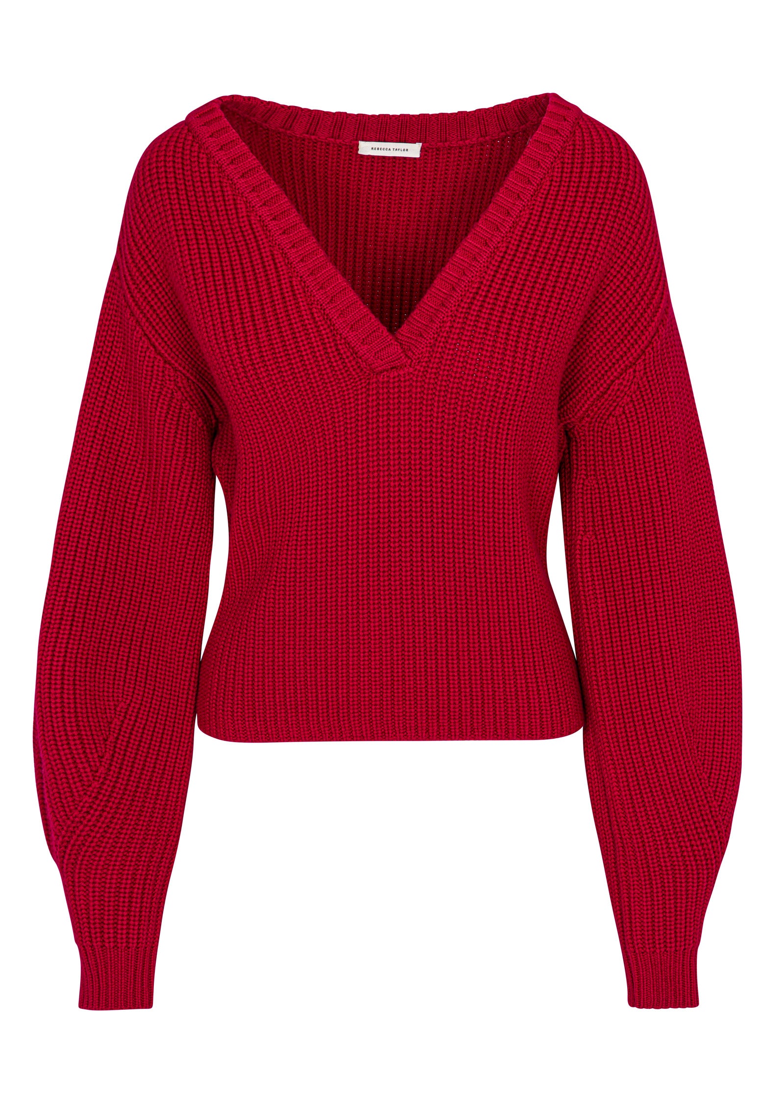 Red Merino Wool Sweater Novelty Wool Victorian Slv V Neck in Red Lip by Rebecca Taylor