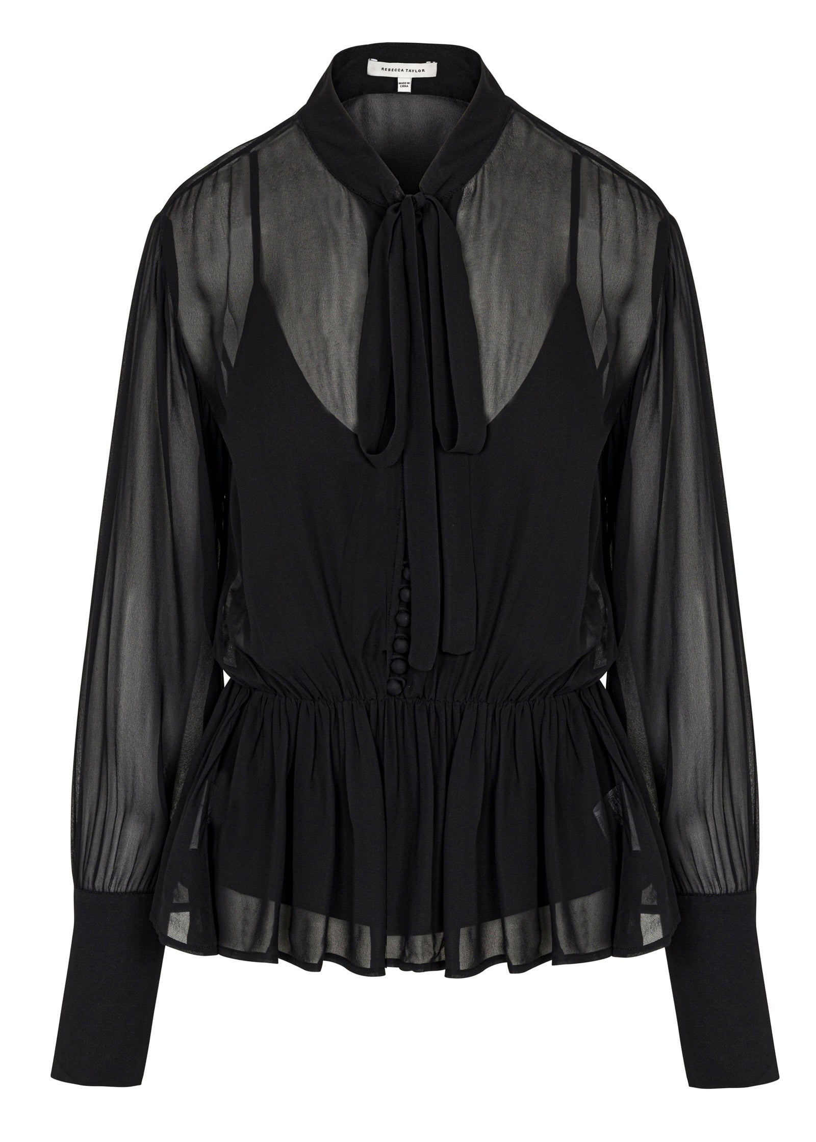 Black Tie-Neck Peplum Blouse Covered Button Tie Front Blouse in Black by Rebecca Taylor