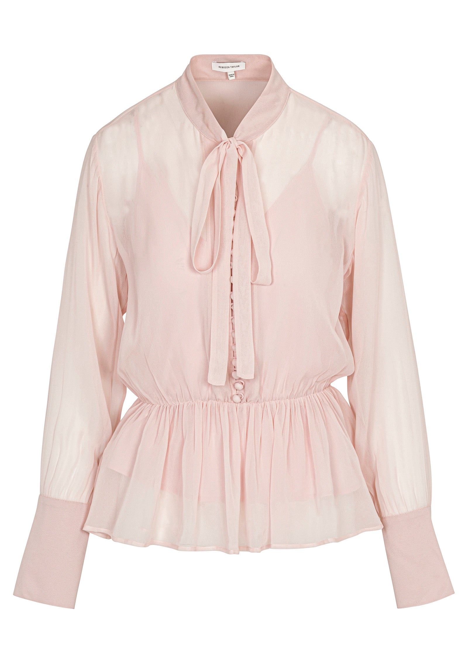 Pink Tie-Neck Peplum Blouse Covered Button Tie Front Blouse in Calamine Pink by Rebecca Taylor