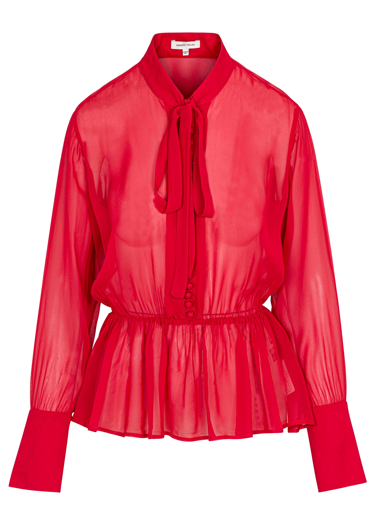 Red Tie-Neck Peplum Blouse Covered Button Tie Front Blouse in Red Lip by Rebecca Taylor