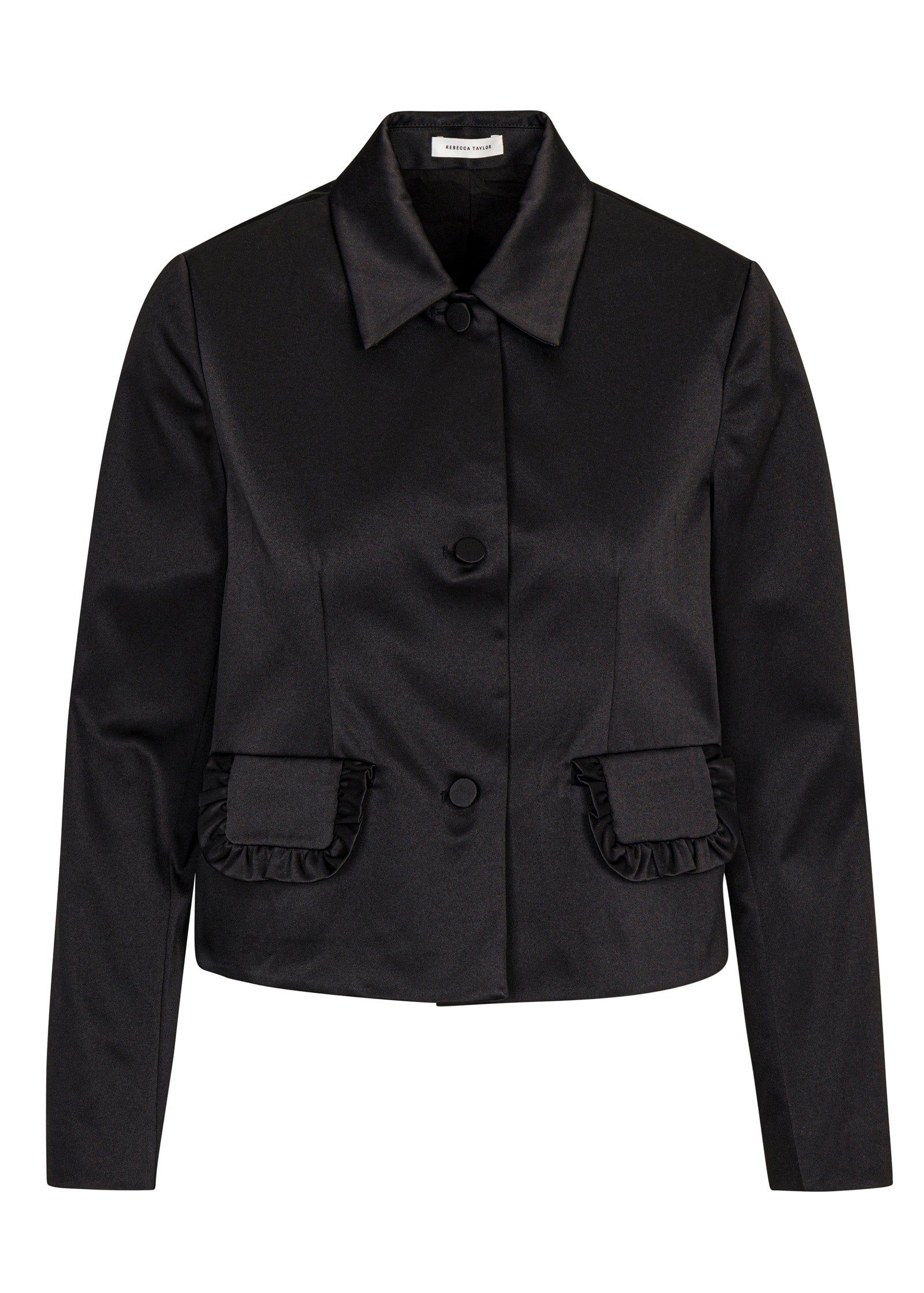 Black Tailored Jacket Techy Sateen Ruffle Pocket Jacket in Black by Rebecca Taylor